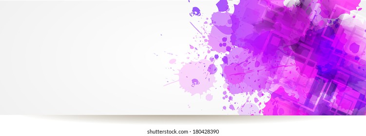 Banner with purple watercolor and modern squares elements