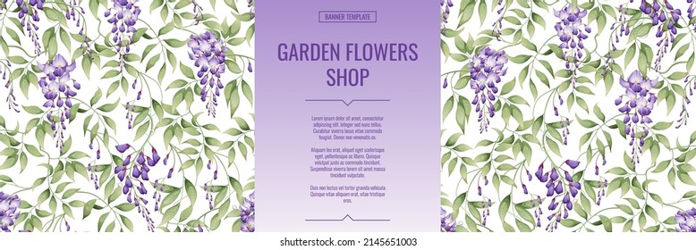 Banner with purple wisteria.  Shop for flowers and garden plants. Poster,template, cover, web banner for product advertising