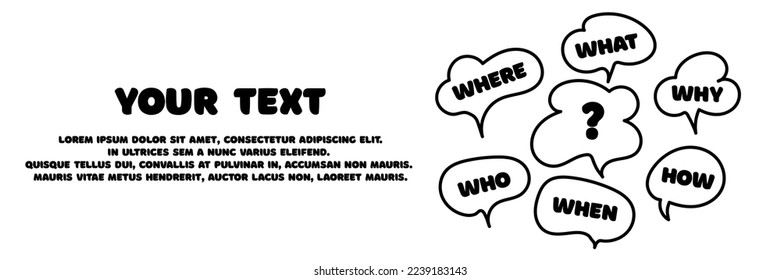 Cartel con preguntas sobre qué, cómo, por qué, qué y dónde. Banner web de negocios. Coloca tu texto. Marca de preguntas y preguntas. Concepto de personas con inclusión de la comunicación. Ilustración vectorial.