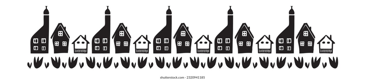 Banner of quirky house vector illustrations for graphic edging. Childish linocut rural cottage town border in scandi style. 