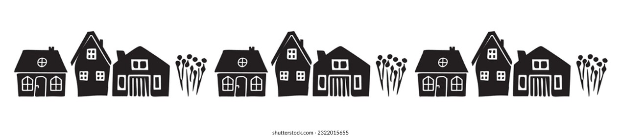 Banner of quirky house vector illustrations for graphic edging. Childish linocut rural cottage town border in scandi style. 