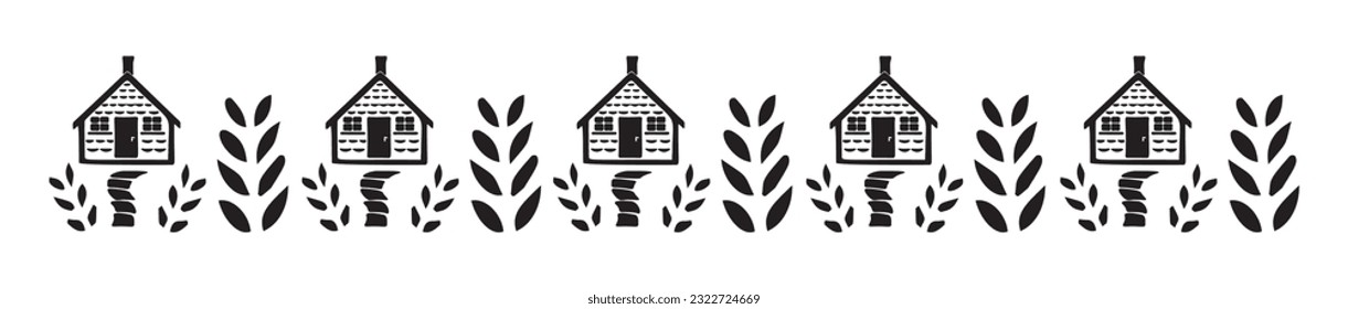 Banner of quirky house vector illustrations for graphic edging. Childish linocut rural cottage town border in scandi style. 