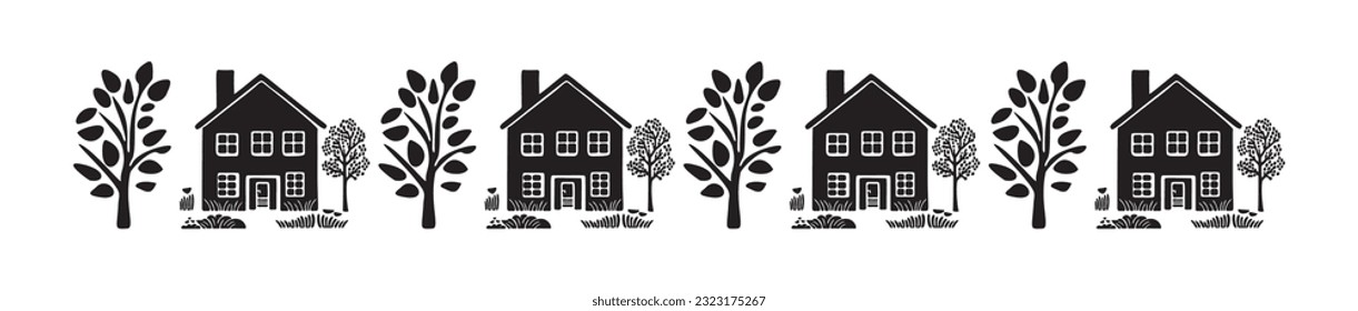 Banner of quirky house vector illustrations for graphic edging. Childish linocut rural cottage town border in scandi style. 