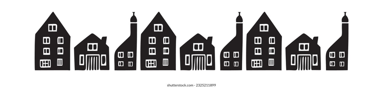 Banner of quirky house vector illustrations for graphic edging. Childish linocut rural cottage town border in scandi style. 