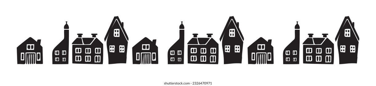 Banner of quirky house vector illustrations for graphic edging. Childish linocut rural cottage town border in scandi style. 