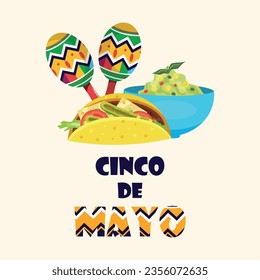 Banner with quisadillas, tacos, guacamole, maracas in honor of the Mexican holiday. Cinco de mayo. Vector stock illustration. Feast of the Dead. Flat style. Background. Cartoon