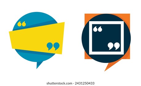 Banner with quotation marks, speech or qoute bubbles. Circle and square shape texting brackets. Sign or emblem, logotype or sticker with lettering background, citation or dialogue. 