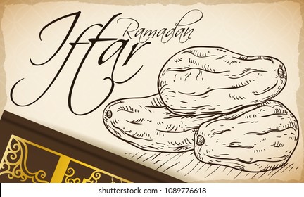 Banner with a Quran book and scroll with delicious dates in hand drawn style, ready to be eat after the Ramadan fast or Iftar.
