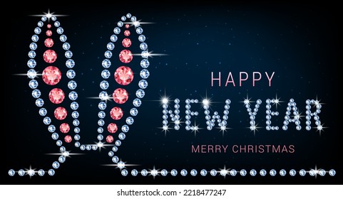 Banner with rabbit ears made of diamonds. Jewelry decorations for Christmas and New Year according to the Chinese calendar. On a neon blue background with bright stars. Vector.