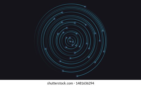 Banner with radial lines with glow of end and place for text. Dynamic flow on dark background. Abstract circular pattern moving flow. Optical art, vector design elements.
