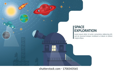 banner, radio telescope Observatory, observes, studies, universe of space, for web and mobile design sites, flat vector illustration