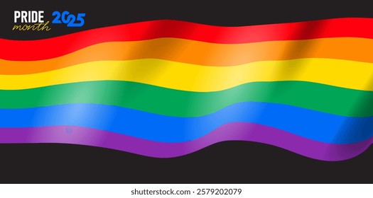 Banner rainbow design element with abstract shape. LGBTQ Pride month flag 2025 vector flowing. Rainbow color wave background template shape for flyer, brochure, booklet, cover, banner, poster.
