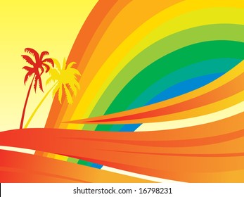 banner, rainbow waves and palm tree
