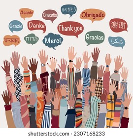 Banner with raised hands of multicultural people from different nations and continents with speech bubbles with text -thank you- in various international languages. Communication. Equal svg