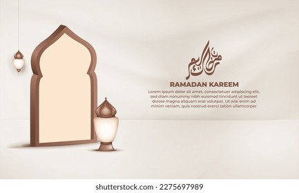 A banner for ramadan kareem with a lantern and frame mosque