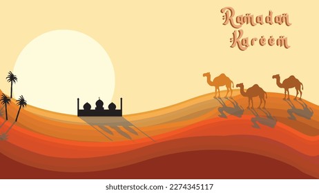 Banner Ramadan Kareem ,vector illustration, for greeting card or banner design , arabic islamic icon, camel, tree, date palm,mosque  ,suitable  for background or wallpaper for ramadan, eid mubarak, 