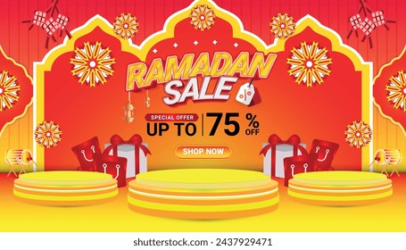 Banner Ramadan mubarak sale orange 3d text editable social media background 7
