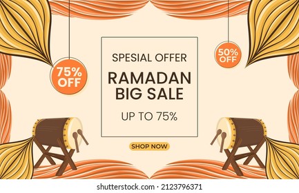 Banner ramadan sale. Background banner ramadan promotion. Ramadan sale theme banner template with unique shapes in yellow and brown.   