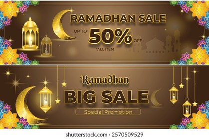 Banner Ramadhan Big Sale colorful flower ornament brown background