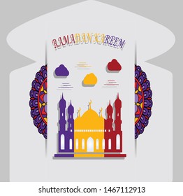 Banner of the Ramadhan Kareem concept with Islamic geometric patterns. Cut 3d flower paper and three color mosques, purple, yellow and maroon. Vector illustration.