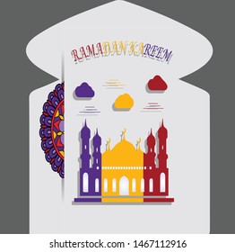 Banner of the Ramadhan Kareem concept with Islamic geometric patterns. Cut 3d flower paper and three color mosques, purple, yellow and maroon. Vector illustration.