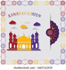 Banner of the Ramadhan Kareem concept with Islamic geometric patterns. Cut 3d flower paper and three color mosques, purple, yellow and maroon. Vector illustration.