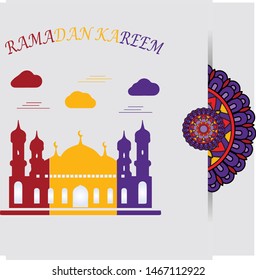 Banner of the Ramadhan Kareem concept with Islamic geometric patterns. Cut 3d flower paper and three color mosques, purple, yellow and maroon. Vector illustration.