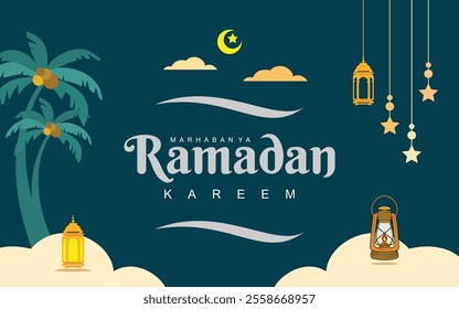 banner ramadhan kareem with some icons islamic