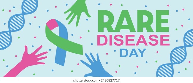 Banner for Rare Disease Day with human hands, DNA and awareness 