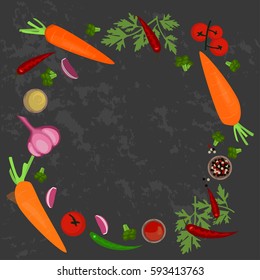 Banner of Raw food for cooking. Vegetables and ingredients on a dark background in a rustic style. Top view