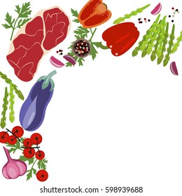 Banner of Raw food for cooking. Vegetables, meat and ingredients on a white background in a rustic style. Top view vector illustration