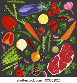 Banner of Raw food for cooking. Vegetables and ingredients on a dark background in a rustic style. Top view vector illustration