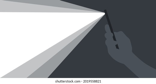 Banner with ray of light. Phone in hand with flashlight on. Background for advertising. Vector illustration