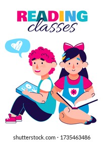 Banner of reading classes for children, cartoon vector illustration isolated.