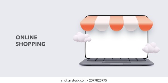 Banner of realistic 3d detailed ecommerce concept include of screen laptop. Concept of online store in your laptop. Vector illustration