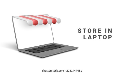 Banner of realistic 3d detailed ecommerce concept include of screen laptop. Concept of online store in your laptop. Vector illustration