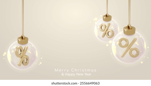 Banner with realistic 3d glass Christmas balls with golden percent inside. Happy New Year Vector illustration for card, party, design, flyer, banner, web, advertising. Christmas sale. Black friday