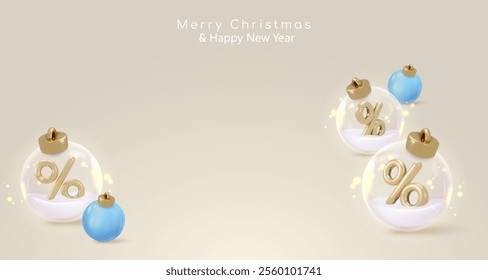 Banner with realistic 3d glass Christmas balls with golden percent inside. Happy New Year Vector illustration for card, party, design, flyer, banner, web, advertising. Christmas sale. Black friday