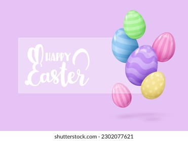 Banner with realistic 3d painted purple, pink, yellow, green, blue eggs and lettering. Happy Easter poster. Vector illustration for card, party, design, flyer, banner, web, advertising.