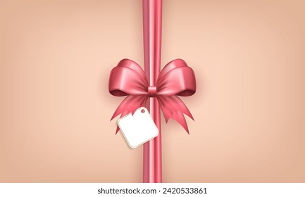 Banner with realistic 3d pink bow with vertical silk ribbon and white label tag in the center on beige background. Wallpaper with bow with sticker - gift box design, present wrapping or greeting card