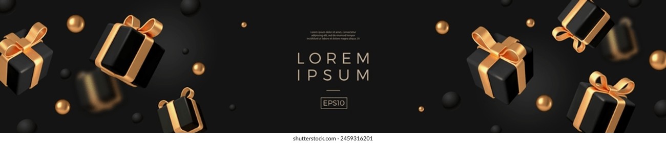 Banner with realistic 3d render gift boxes. Black gift box with golden bow and ribbon. Falling gift boxes on black background. Vector illustration with copy space.
