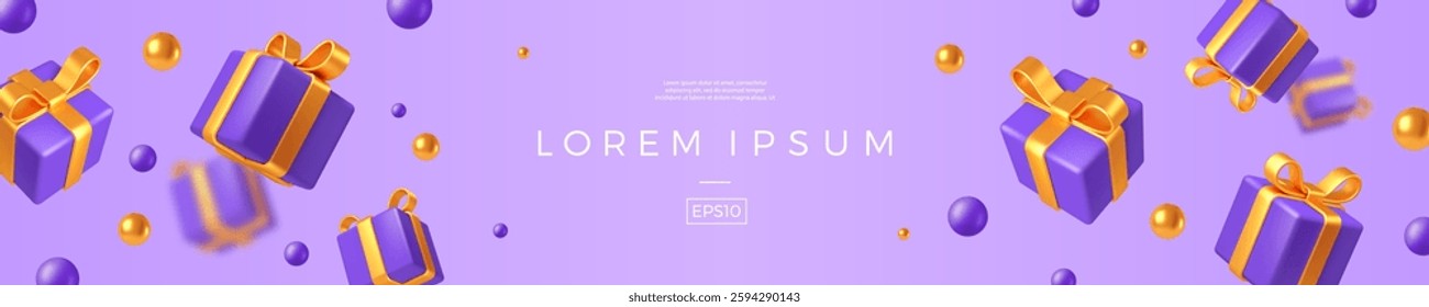 Banner with realistic 3d render gift boxes. Violet gift box with yellow bow and ribbon. Falling gift boxes on lavender color background. Vector illustration with copy space.