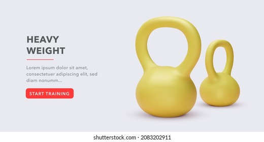 Banner with realistic 3d yellow kettlebells, text and a button to start training. Vector illustration