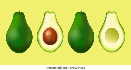 Banner With Realistic Avocado Set With Gradient Mesh, Vector Illustration