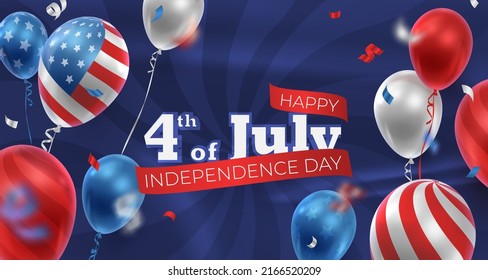 Banner with realistic balloons in American, USA color, serpentine, ribbon, stars. Happy Independence day, 4th of July. Vector illustration for card, party, flyer, poster, banner, web, advertising. 