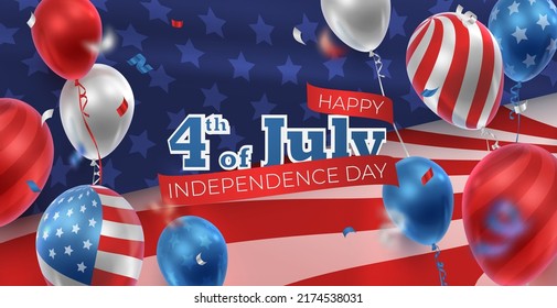 Banner with realistic balloons in American, USA colors, serpentine, ribbon, stars. Happy Independence day, 4th of July. Vector illustration for card, party, flyer, poster, banner, web, advertising