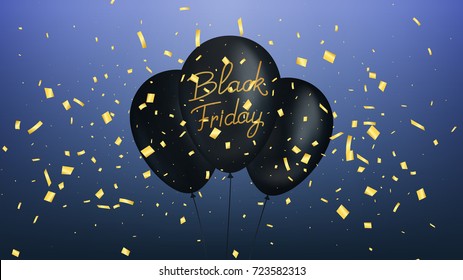 Banner with realistic black balloons and gold confetti. Black Friday sale background