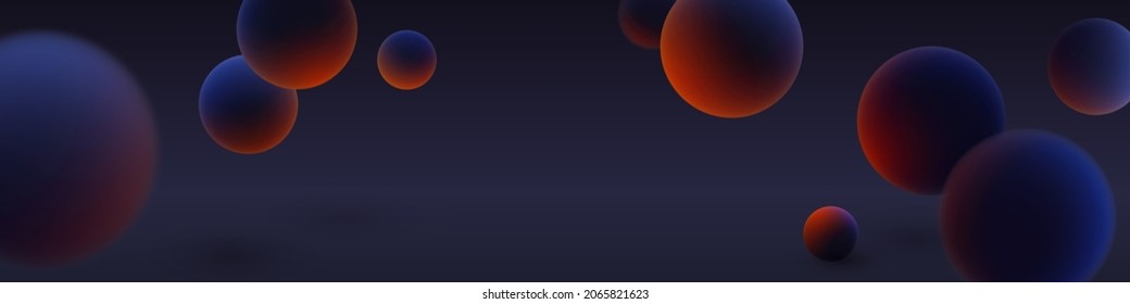 Banner with realistic blue dark balls, blured with soft touch feeling in black abstract background. Vector illustration for postcard, banner, cards, web, design, advertising.