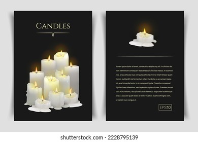 Cartel con velas blancas ardientes y realistas sobre un fondo negro. velas 3d con cera derritiéndose, llama y halo de luz. Ilustración vectorial con gradientes de malla. EPS10.