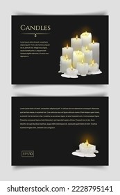 Cartel con velas blancas ardientes y realistas sobre un fondo negro. velas 3d con cera derritiéndose, llama y halo de luz. Ilustración vectorial con gradientes de malla. EPS10.